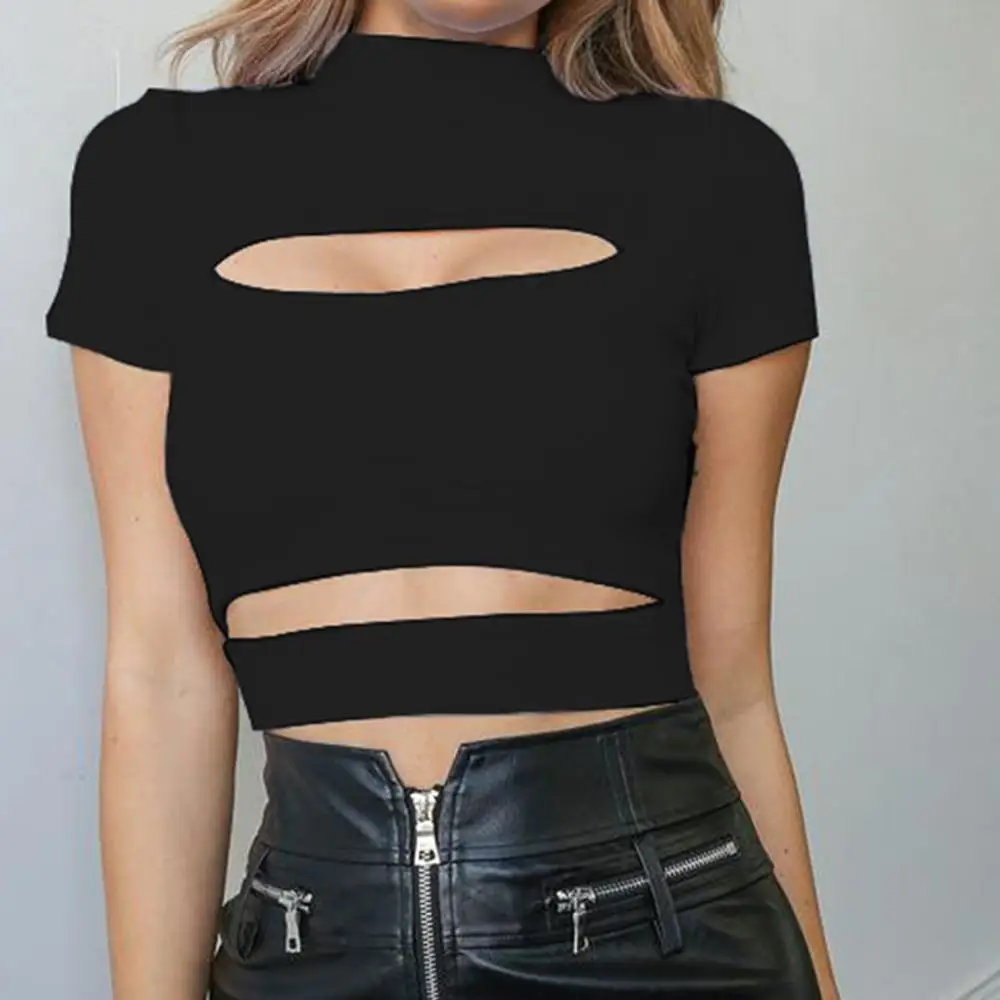 Модная Летняя женская футболка неоновая желтая черная открытая с высокой