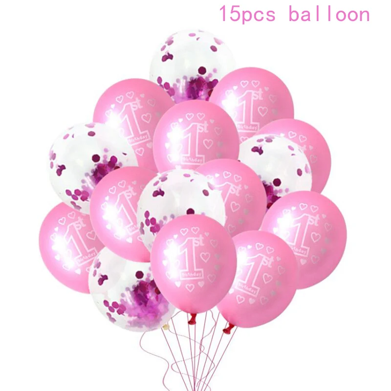 15pcs balloon 10/15 шт, для девочек и мальчиков 1st на день рождения воздушные шарики розового и голубого цвета с конфетти шары из латекса 1 Year Old первый День рождения Декор Baby Shower поставки - Цвет: 15pcs balloon