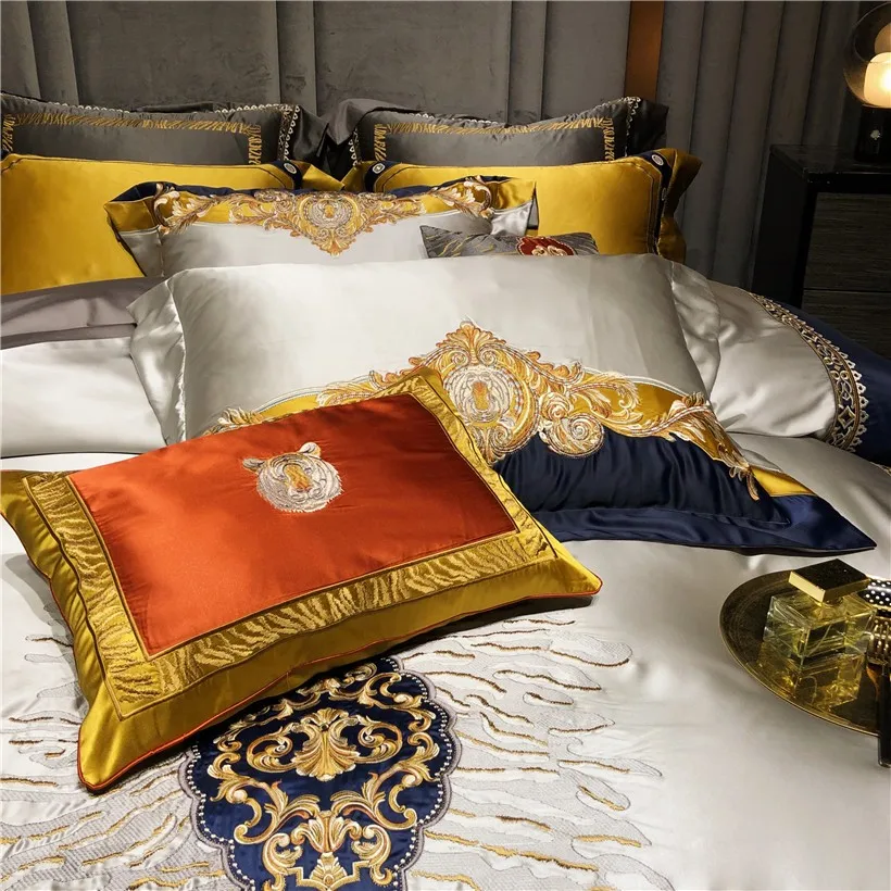 

Luxury Gold Blue Damask Chic Embroidery Bedding set Egyptian Cotton Satin Silk Duvet cover Sheet Bed Spread Pillowcase 4/6/11Pcs