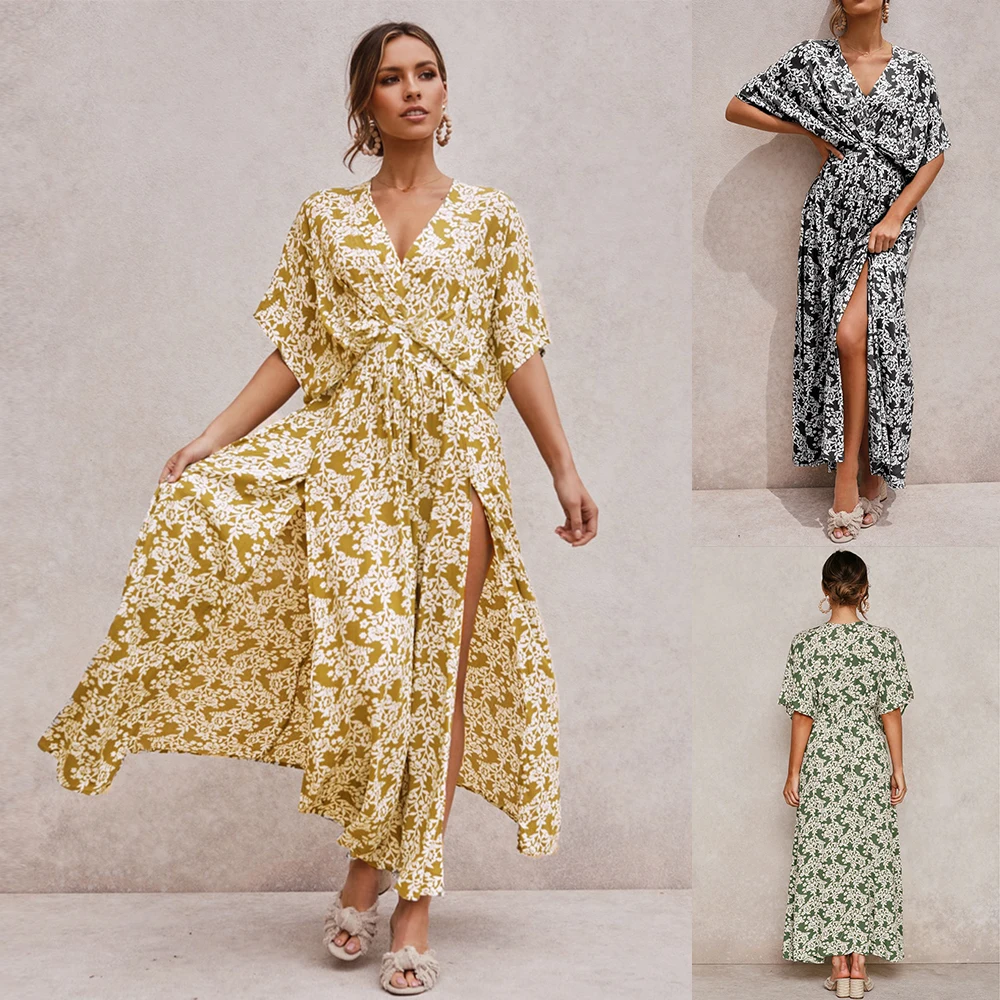 

Summer Bohemian Fashion Women's Sexy Casual Skirt Ankle Length Irregular Print V-neck Loose Women Dress