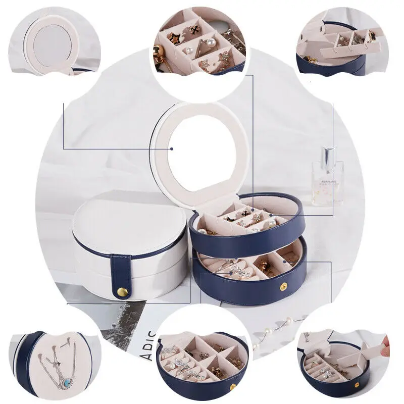 

Portable Earring Storage Carrying Case Round Jewelry Box Travel Zipper PU Leather Jewellery Packaging Display Organizer Gift Box