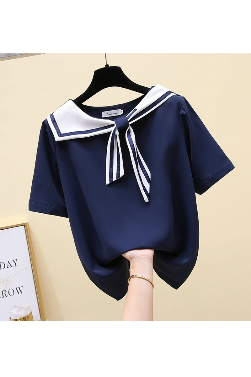 

2020 Summer Chiffon Blouse Women New Navy Chiffon Shirt Women's Short-Sleeved Design Sweet Bow Chiffon Top Students Blusas 3XL