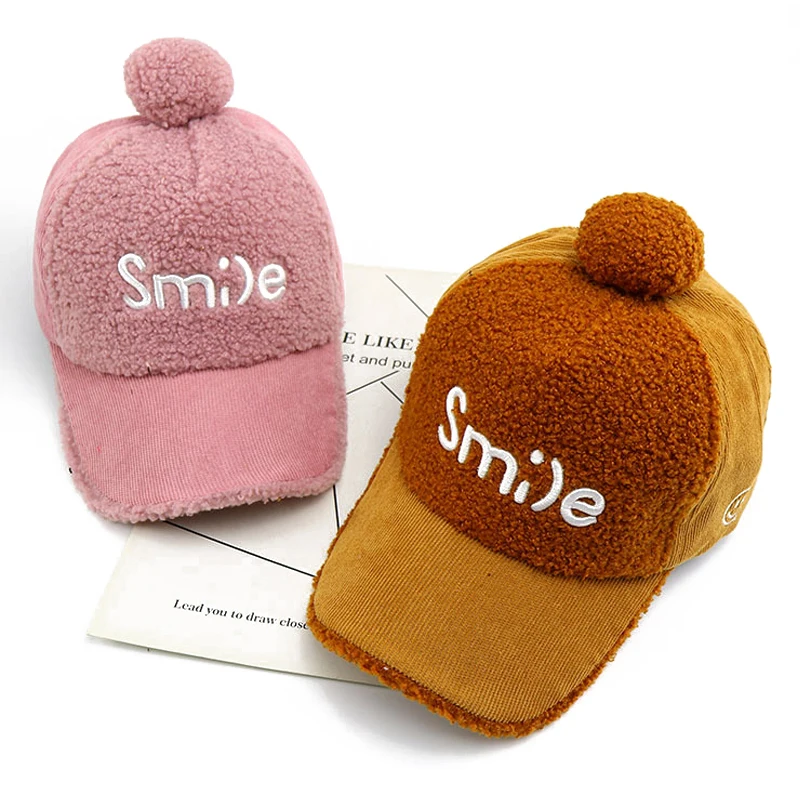 Детский шерстяной помпон бейсбольная кепка со смайликом и буквенным принтом