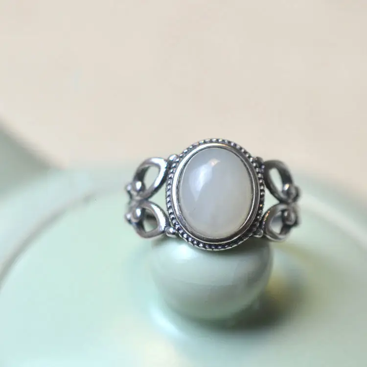 

Natural Hetian Jade S925 Sterling Silver White Chalcedony Open Ring Women's Retro Open Ring Ornament
