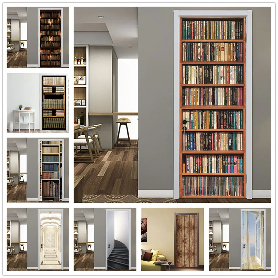 

Retro Library Bookshelf Door Sticker Vinyl Waterproof Removable Art Door Poster Home Decor Renovation For Study Room House Door