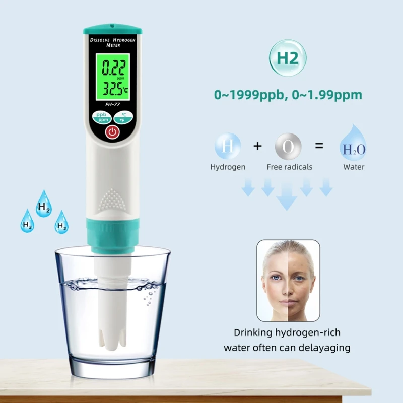 Digital Hydrogen Meter Water Quality Tester with ATC High Accuracy Pen Type H2 Meter LCD Displays 0-1999 Ppb/0-1.99 Ppm