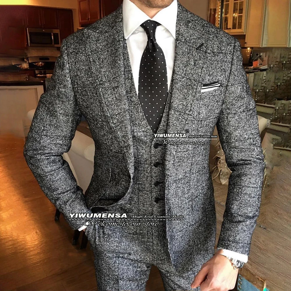 Houndstooth Suits Men Tweed Wool Plaid Check Grooms Man Blazers 3 Pieces Set Terno Masculino Formal Business Wedding Tuxedos