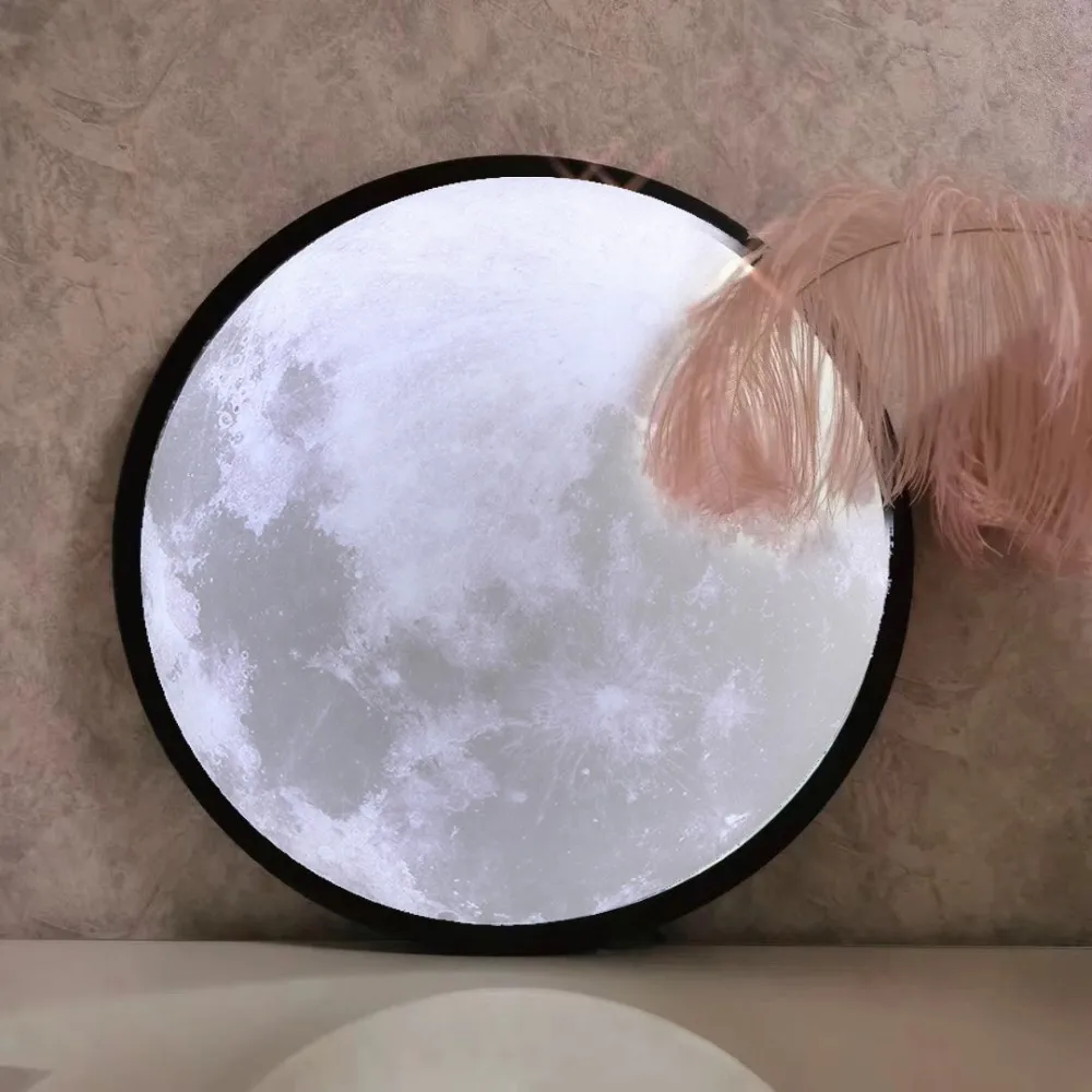 

LED Moon Mirror Three Light Colors USB Charging Night Light Makeup Table Wall Mirror for Living Room Bathroom Bedroom Hotel