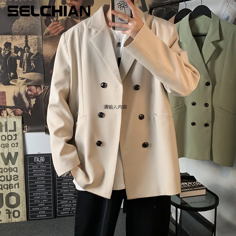 

2022 Fashion Oversized Men's Blazers Double Breasted Suit Jackets Vintage Hip Hop Clothing Solid Loose Casual College Coat Black