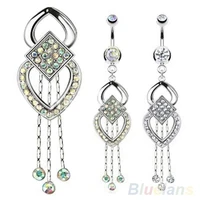 hot fashion women rhinestone tassels dangle chandelier barbell piercing belly navel bar ring 316l surgical steel body jewelry
