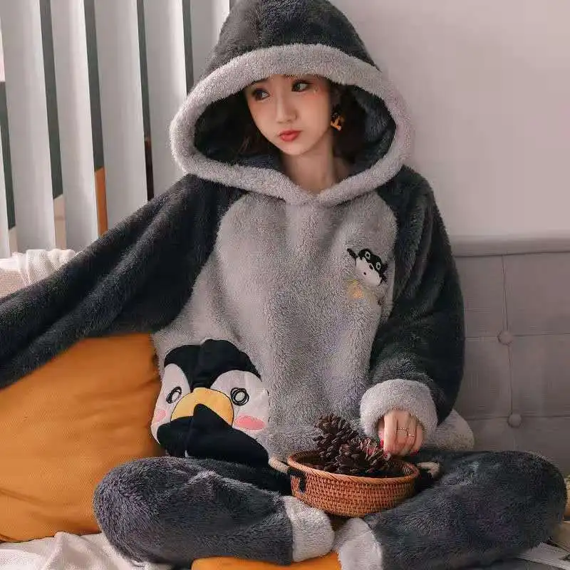 Thick Clothing Set Kartoon Kawaii Sleepwer 2021 Winter Women's Pajamas Coral Fleece Warm Woman 2 Pieces Hooded Trouser Suits | Женская