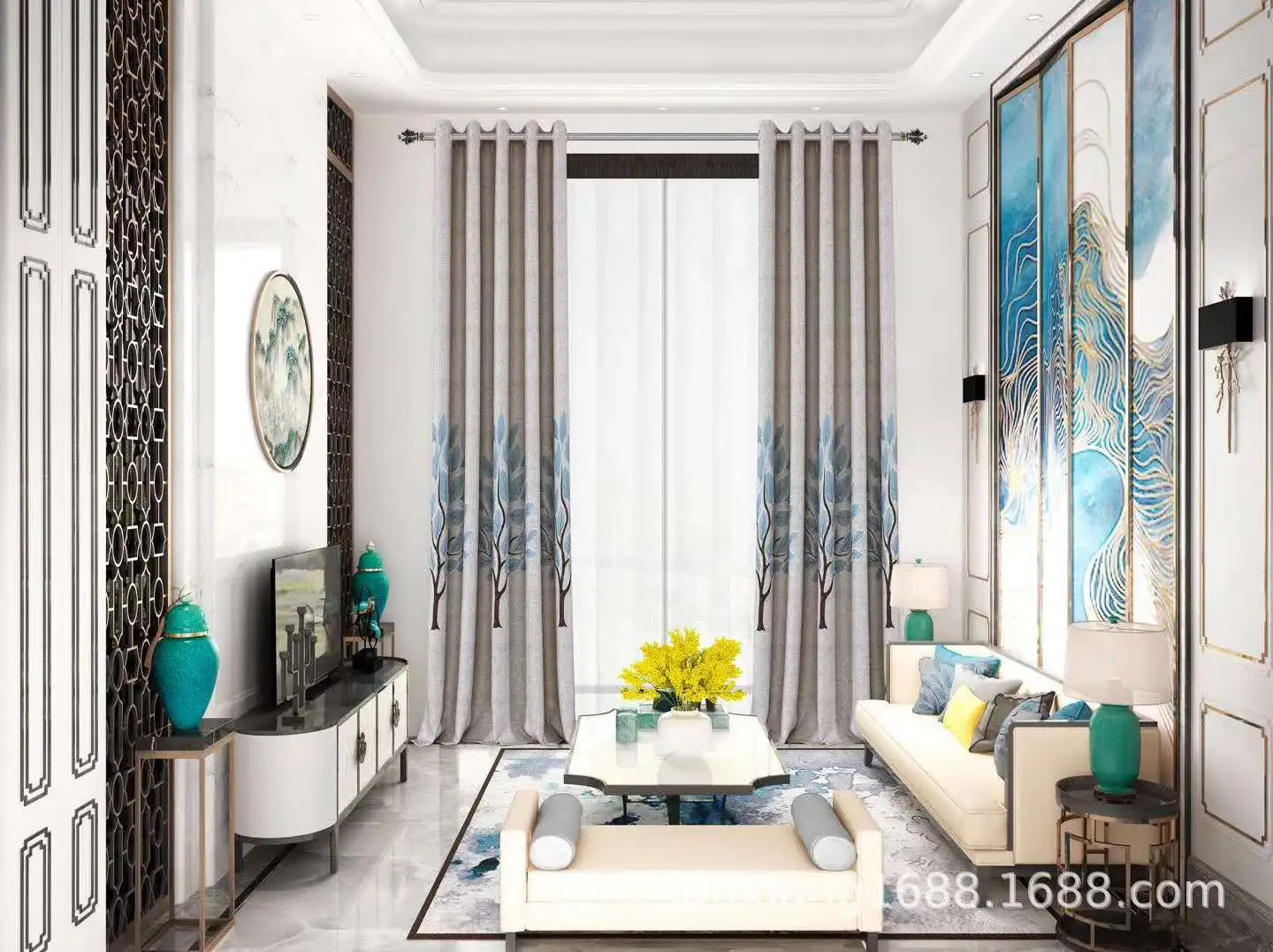 Плотные конопляные шторы в скандинавском стиле с принтом большого дерева и