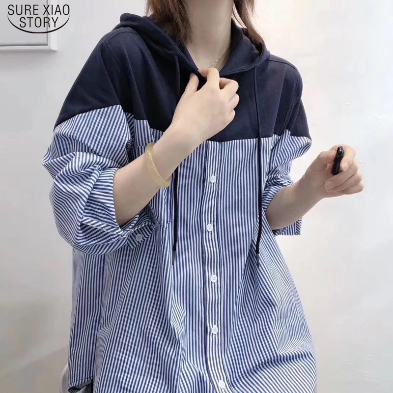 

Повседневные топы, Женская Корейская свободная Студенческая блузка, новинка 2022, полосатая рубашка с пуговицами, женские свитшоты, свободная одежда 11943