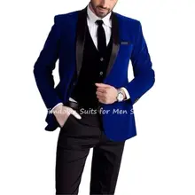 Veste en velours bleu Royal pour homme, 3 pièces, pantalon noir, gilet sur mesure, châle, Blazer à revers, manteau de fête, costumes de mariage  (4)