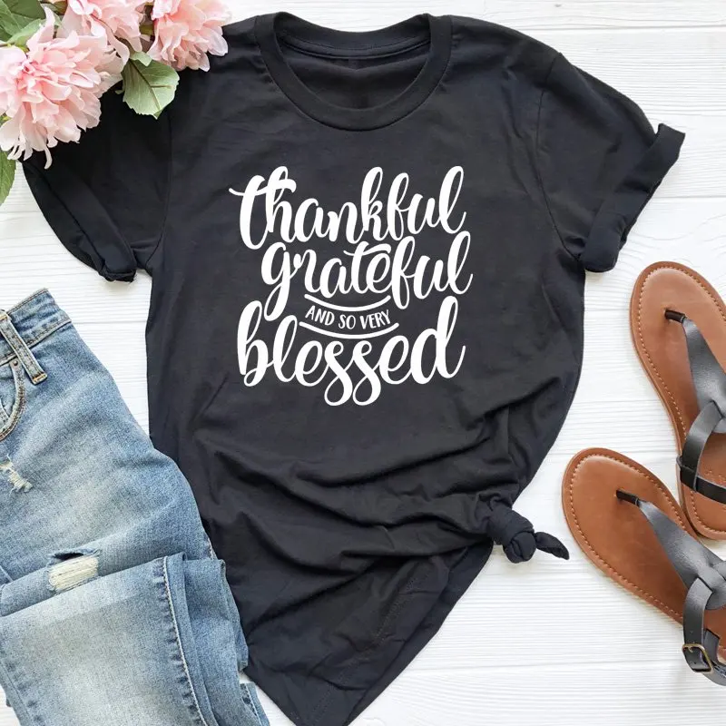 black-white text Благодарная и очень футболка с надписью Blessed, Женская Осенняя Праздничная футболка на День Благодарения, Винтажная футболка унисекс с изображением христианских героев - Цвет: black-white text