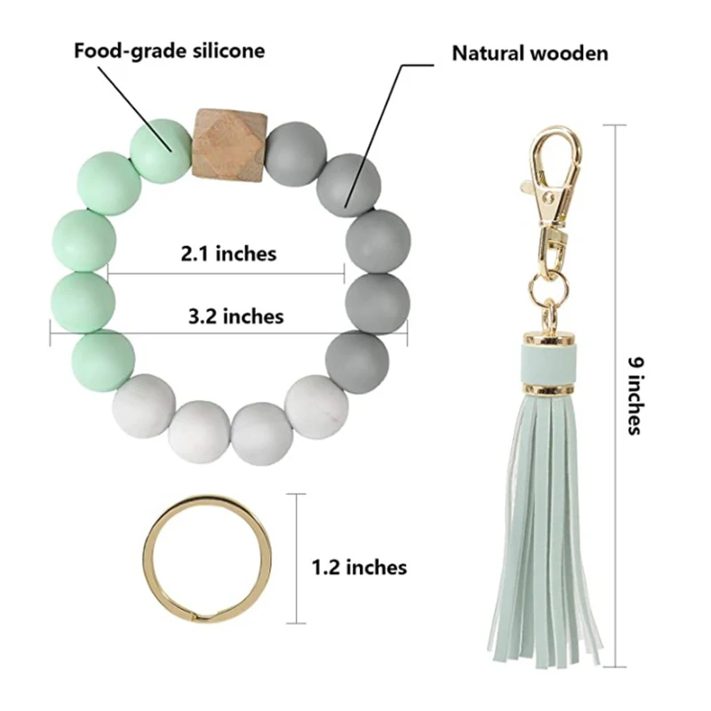 

Women's Art Bracelet Keychain Wooden Beads Wristlet With Tassels Decor Silicone Beaded Art Bangle Chains For Keys Gift For Girl