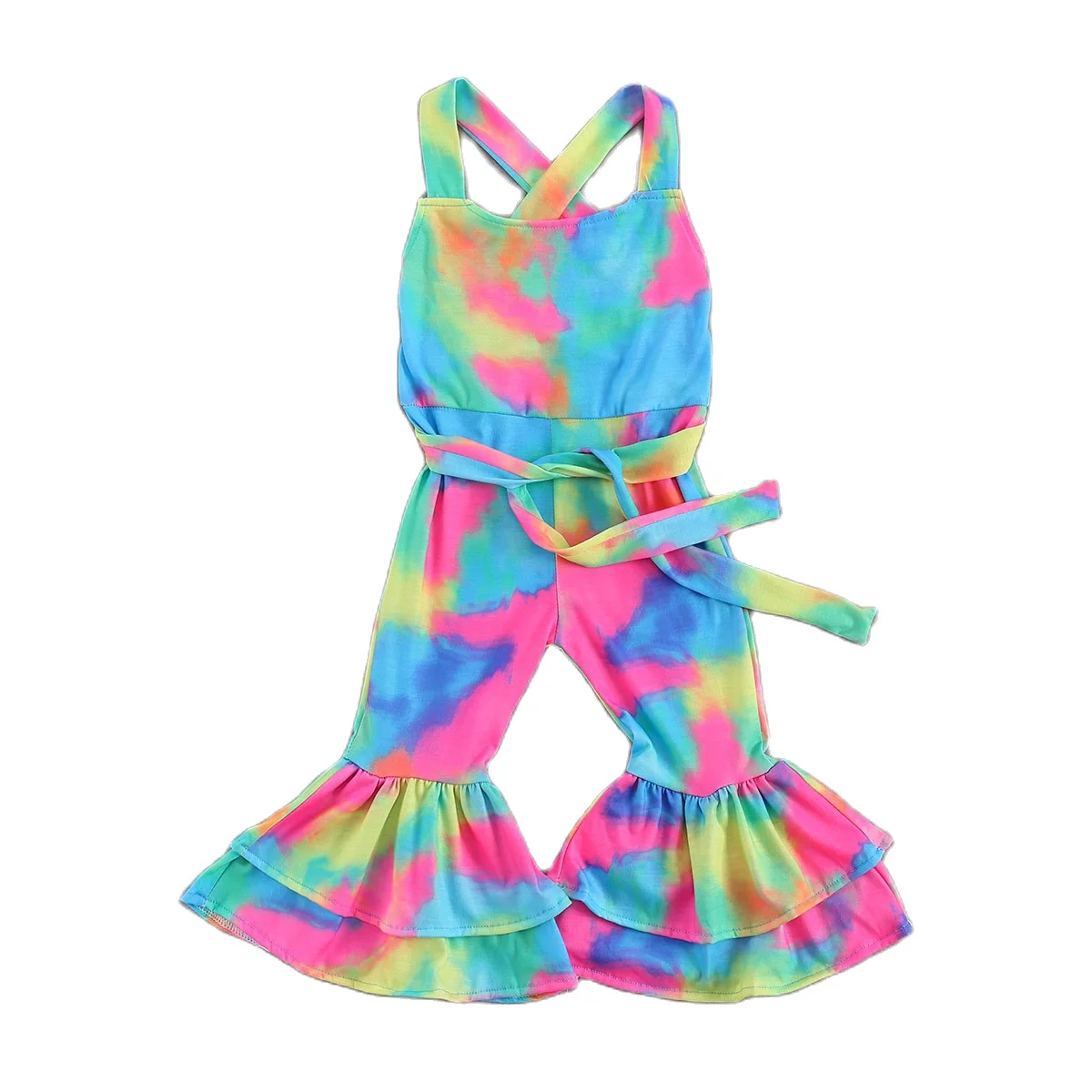 

2 Pcs New Kids Baby Girls Clothes Set Cotton TIE-DYE Flare Sleeve Backless Romper Pink Jumpsuit Sunsuit Outfits