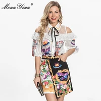 moaayina fashion designer summer slim skirts suit womens short sleeve striped shirt and black printed skirts 2 pieces set
