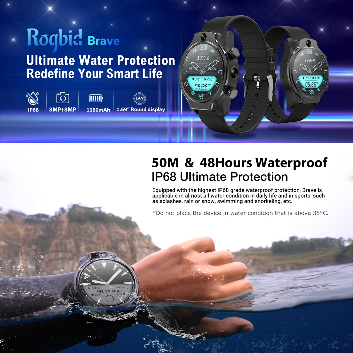 Rogbid Brave 4G LTE Smart Watchs 1.69” IP68 Waterproof 3GB+32GB Video Chat Face Unlock Heart Rate Monitor GPS Smartwatch Men |