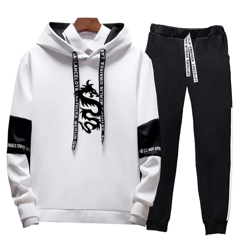 

Hoodies + Sweatpants 2 Pieces Tracksuits Sets Men Autumn Winter Casual Track Suit Sportswear Male Patchwork Hooded Letter Suits