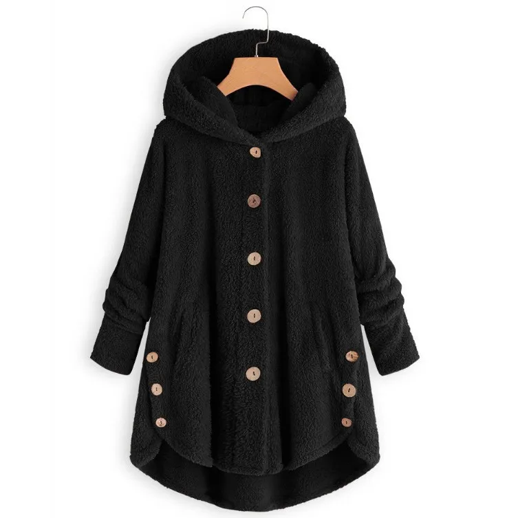 

Women's Loose Solid Color Plush Outerwear Winter Soft Warm Fluffy Hooded Button Sweater Sweatshirt Hot Fashion 2020