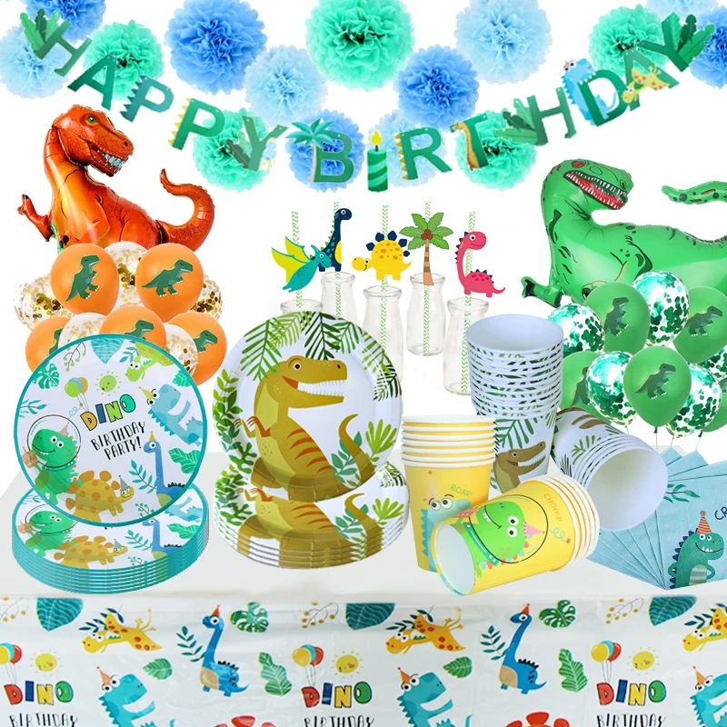 

Boys Dinosaur Birthday Paper Cup Paper Plate Tablecloth Dino Roar Happy Birthday Decor Baby Shower Kids One Year Old Balloon
