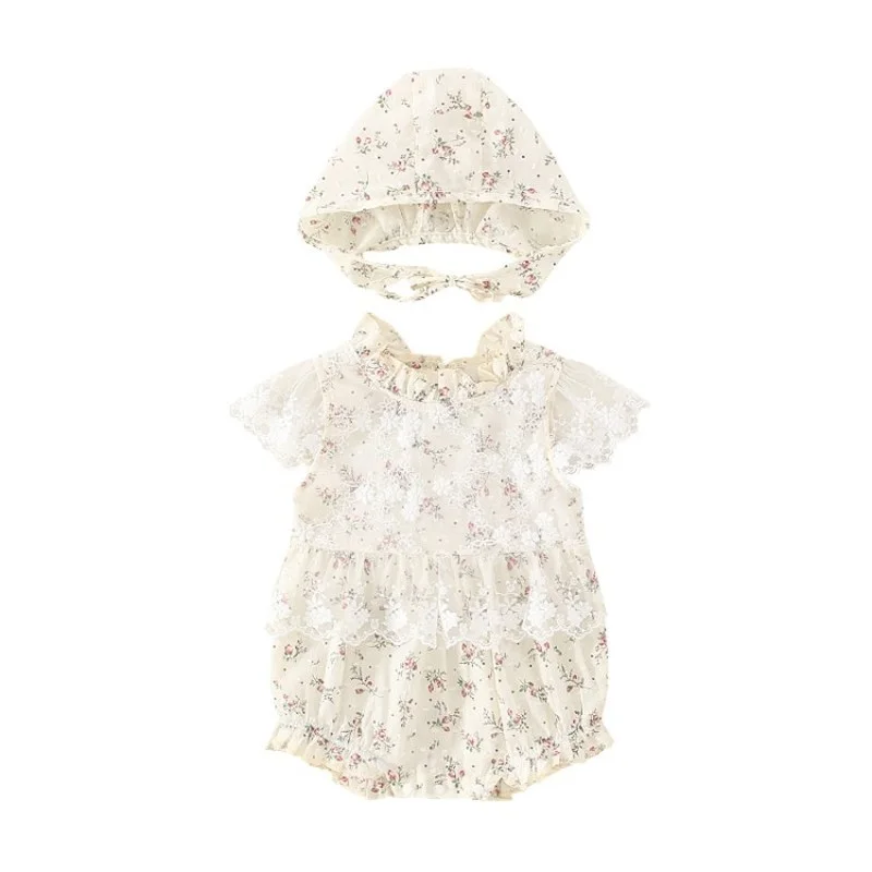 

2021 Short Sleeve Floral Lace Give A Hat Velvet Baby Romper Korean Infant A-class Fabric Clothes Toddler Clothing for Newborns