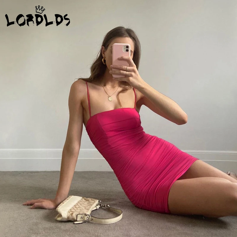 

Женское платье с рюшами lordds, розовое мини-платье на тонких бретельках, сексуальные вечерние облегающие клубные платья, лето 2020