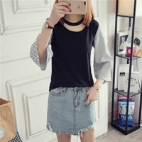 2022 spring summer hollow out striped flare sleeve women t shirt spliced hit color fashion casual elegant harajuku oversized top