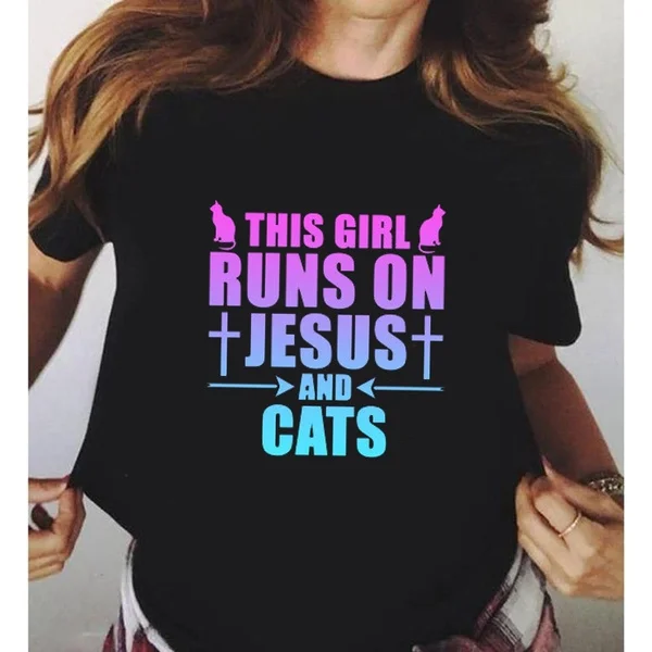 

This Girl Runs on Jesus and Cats Christianity T-Shirt Funny Tops