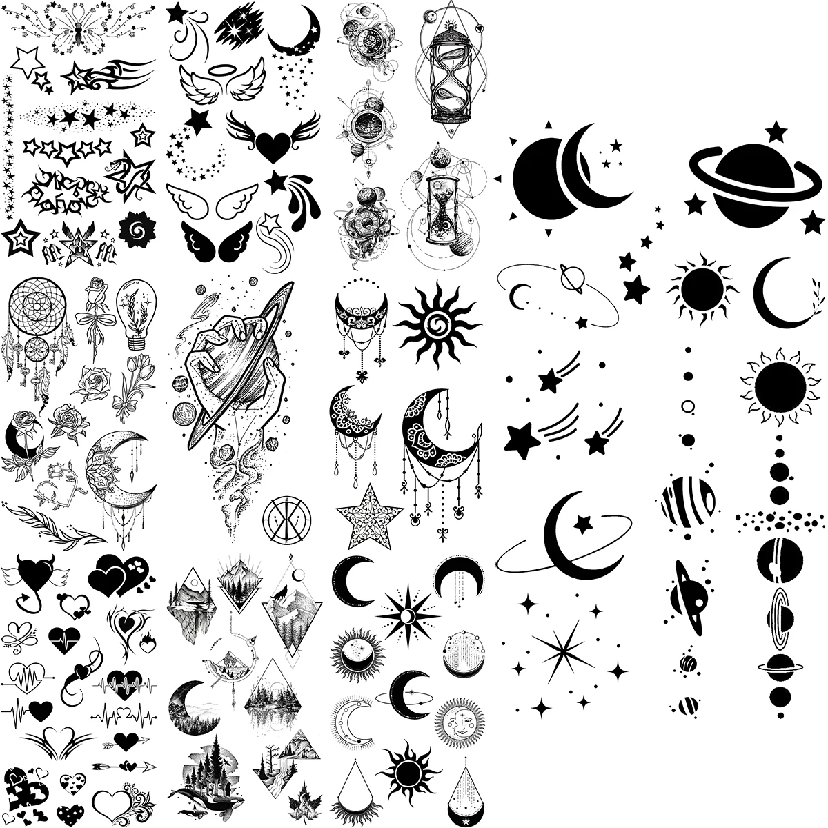 

Временные татуировки с черной планетой для женщин и девушек, Ловец снов, звезды, горы, искусственные тату-наклейки, татуировки для рук и шеи, ...