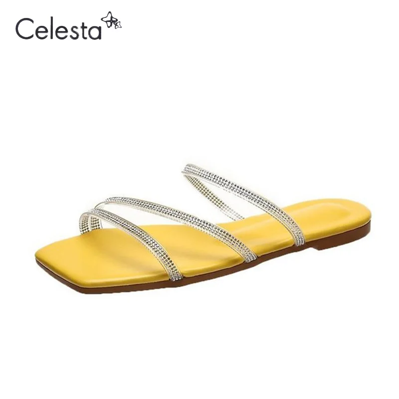 

Новинка 2021, плетеные женские сандалии Celesta стразы на плоской подошве, модная обувь, легкие Нескользящие удобные летние дизайнерские сандали...