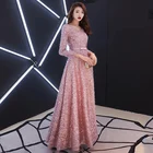Женское вечернее платье, длинное розовое платье с перьями и длинным рукавом, с блестками, на шнуровке, официальное платье до пола, новинка 2021