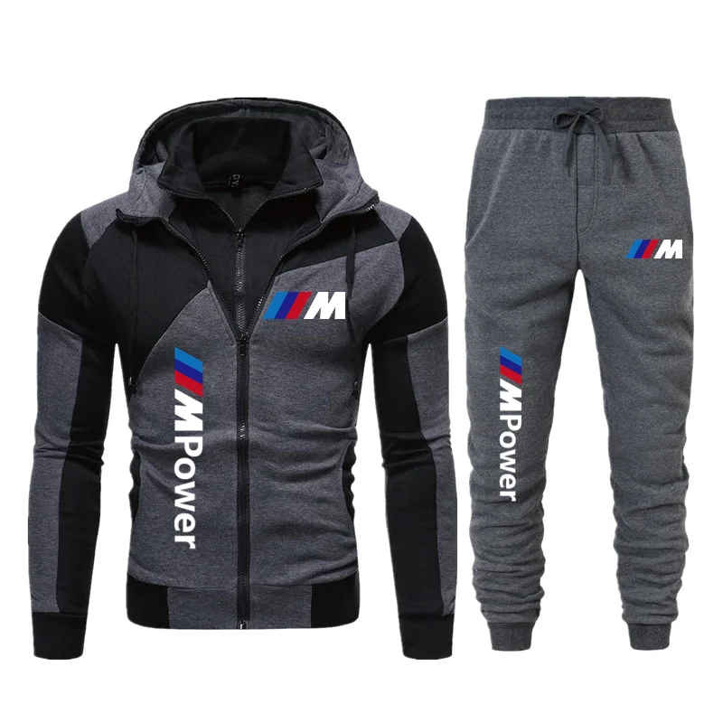 

2021 new men's sportswear personalized color matching double zipper suit hooded cardigan sportswear suit casual sports