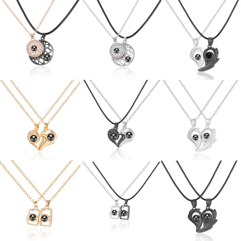 

I Love You 100 Languages Projection Letter Pendant Necklace for Women Magnetic Distance Sun Moon Heart Neck Valentine's Day Gift
