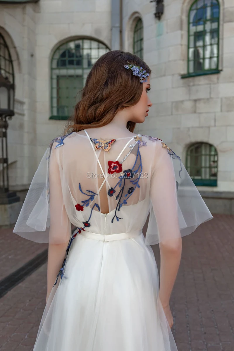 Изысканные свадебные платья с вышитыми цветами трапециевидной формы из тюля 2020