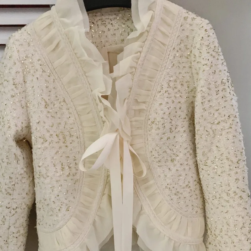 

Elegant Womens Short Slim Lace Up Bow Diamonds Tweed Jacket Office Lady V-Neck Spliced Flare Sleeve Fashion Open Stitch Coat