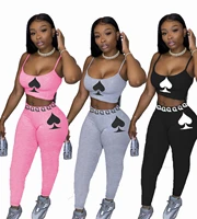 women fitness 2 piece outfit sexy poker card print camisole top and skinny stretchy long tight pants sport wear two piece suits