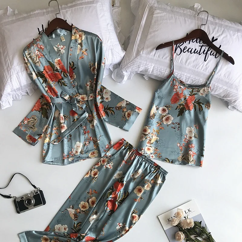 Spring 3 Pieces Pyjama Set 2020 Women Summer Sexy Silk Pajamas Sets Satin Sleep Suit Cute Home Clothes Sleepwear | Женская одежда