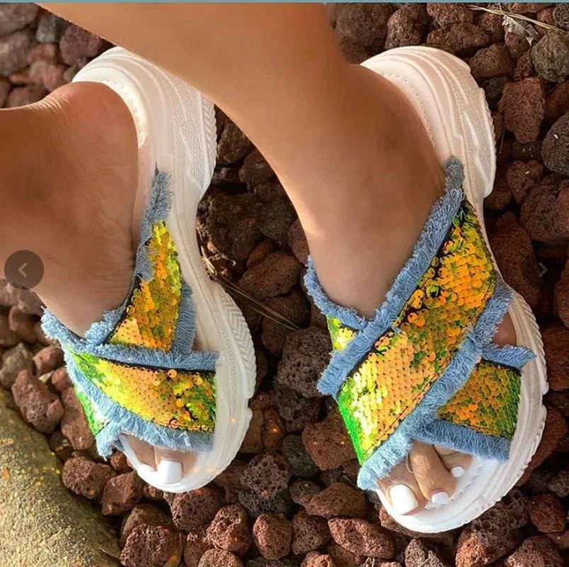 

Women's Stylish Shoes Fashion Casual All-match Outside Slippers Sequin Detail Platform Denim Sandals Zapatos De Mujer 5KE112