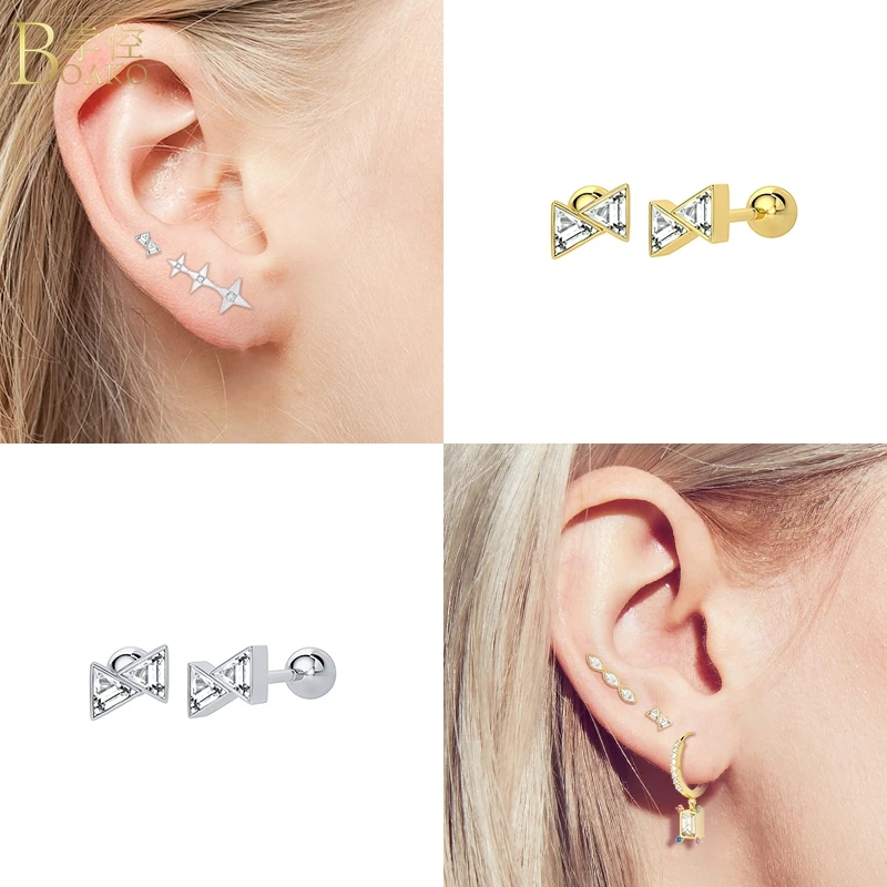 

BOAKO 925 Sterling Silver Earring For Women Pendiente Plata CZ Geometry Stud Earing Luxury Jewelry Girl Piercing Earings Gifts