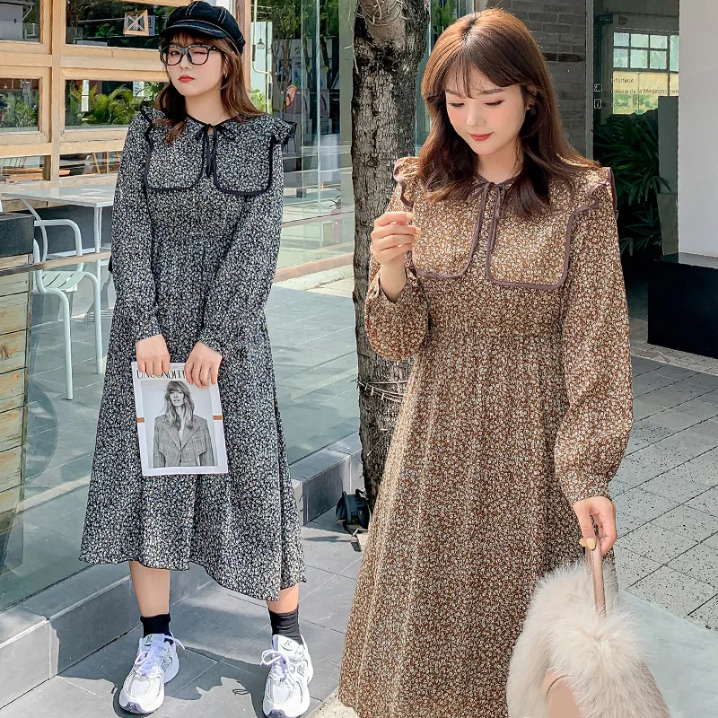 

Women'S Spring And Autumn Doll Collar Plus Velvet Print Dress Plus Size Calf Length Casual Wear 100 Kg Can Be Worn