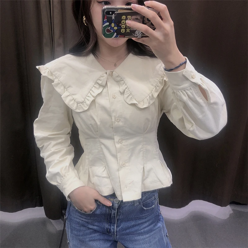 

ZA 2020 New Fashion Women Corduroy Big Square Collar chiffon shirt Blouses Long Sleeve Chiffon Shirt Casual Loose Tops