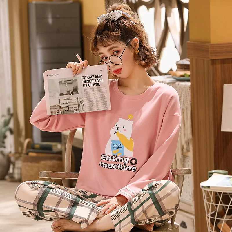 Foply Cartoon 100% Cotton Pajamas Set Women Home HomewearPyjamas Sleepwear Nightwear Pijama Mujer Home Wear Long Pant Nightsuit