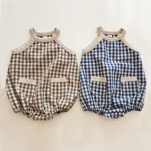 Лето 2021, новый стиль, клетчатый комбинезон, корейский Детский комбинезон для маленьких девочек