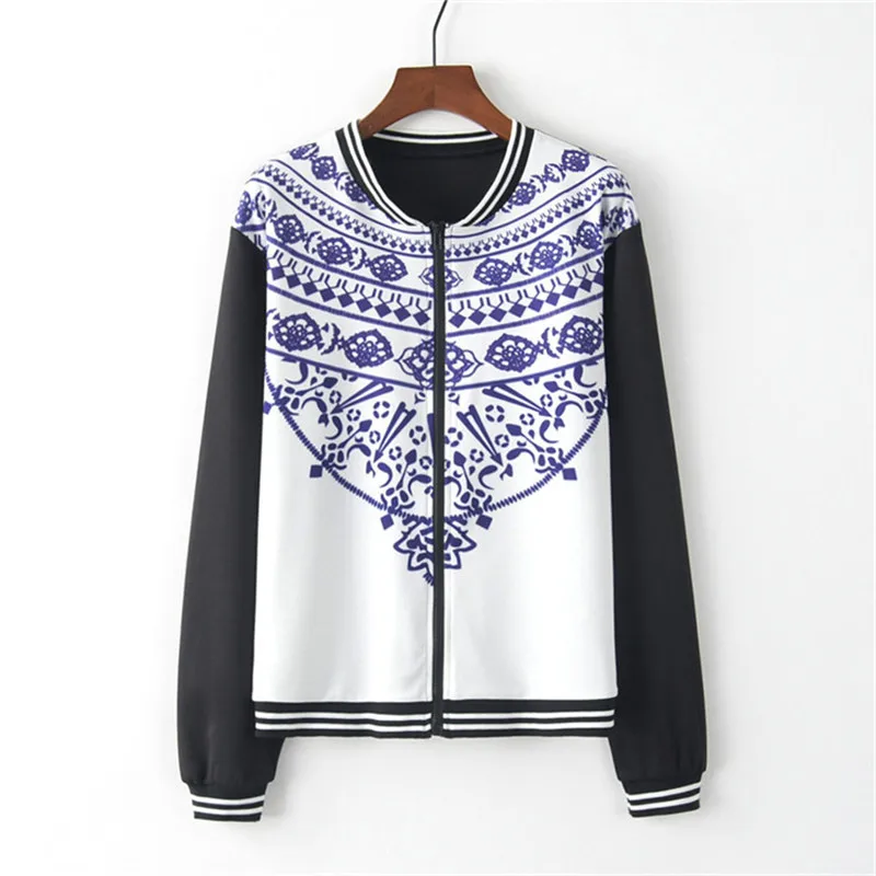 

Women Outerwear Coats Jackets Fashion Blue And White Porcelain Print Striped Cuff Zip-up Jacket Outwear Sweatshirt Overcoat Tops