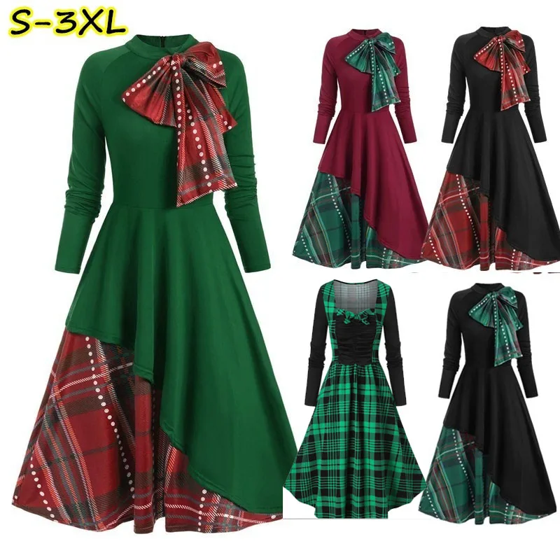 

Women Vintage Long Sleeve Christmas Plaid Contrast Bowknot Flared Overlay Swing Party Dress 3xl 1950S