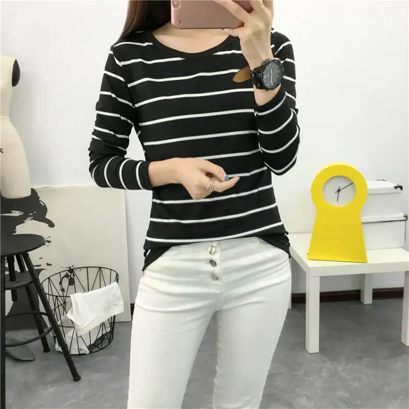 Женская футболка с длинным рукавом повседневная Приталенная в полоску круглым