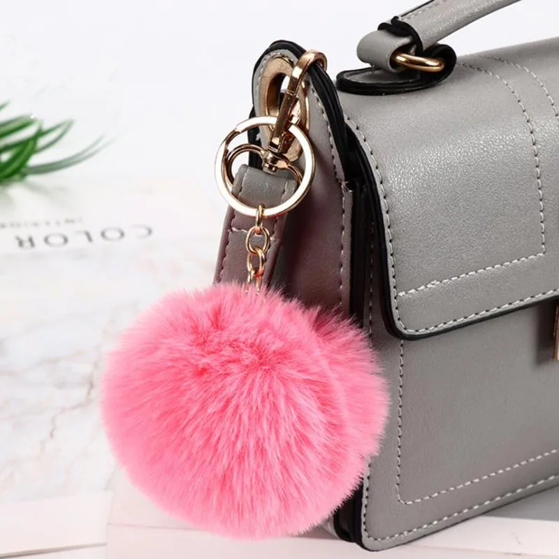 8cm Simple Pompom Fur ball Keychain Artificial Rabbit Fur Animal Key Chain For Woman Car Bag Accessories Key Ring 15 colors