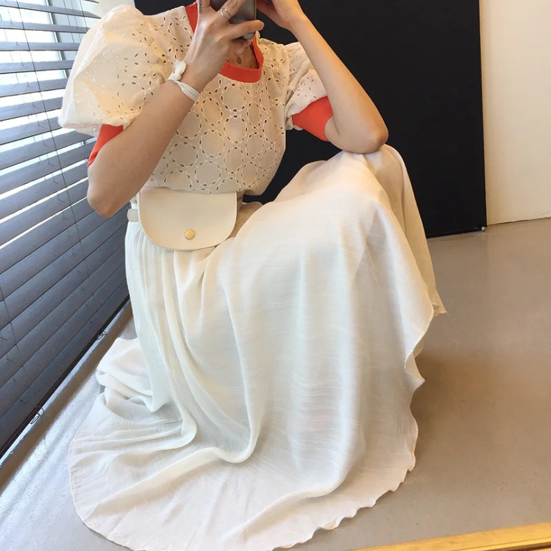 

Simple O Neck Hook Flower Hollow Woman Blouse Korean Chic Contrast Color Streetwear Women shirts Hipster Y2K Summer Blusa Mujer